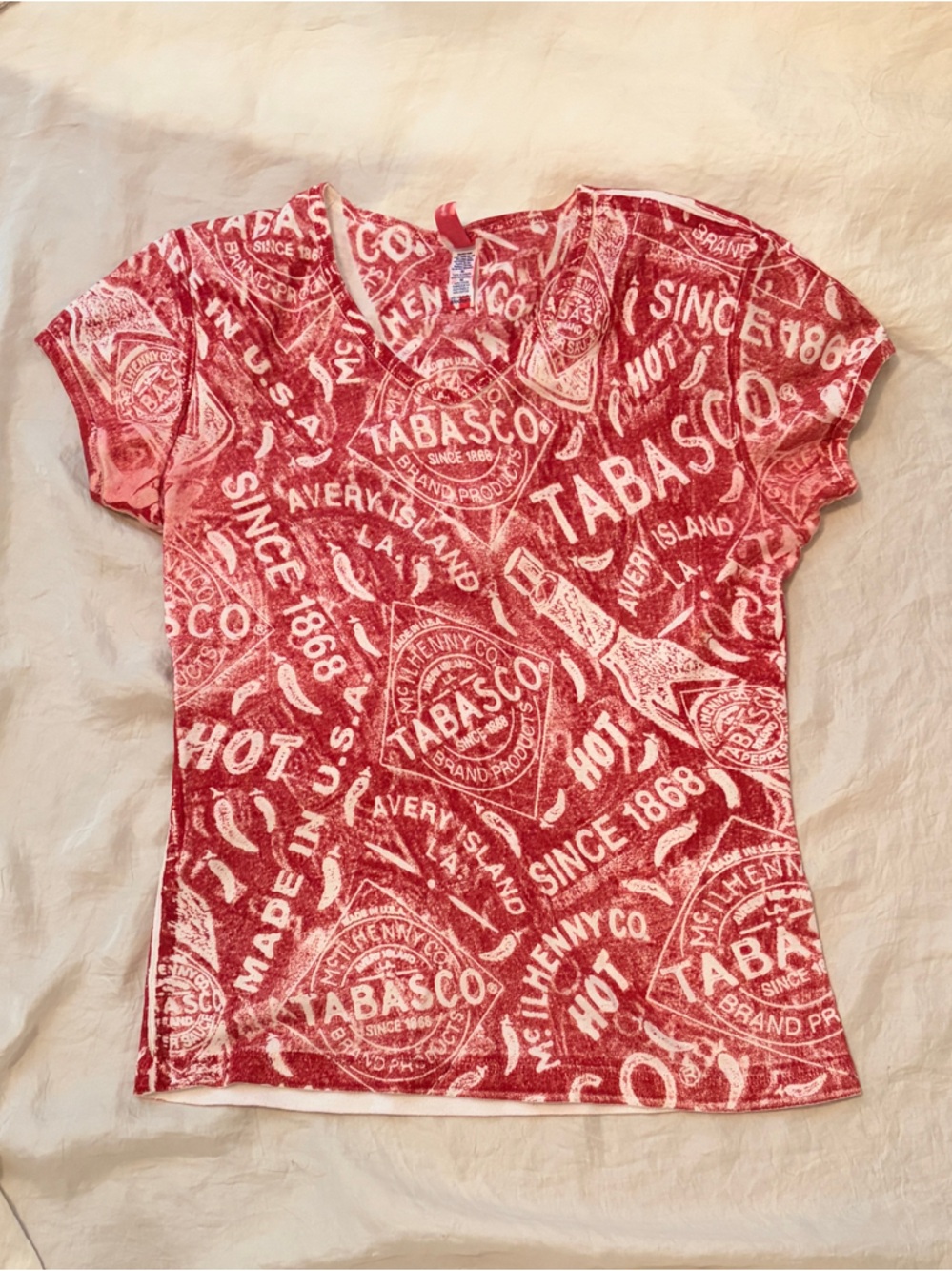 Tabasco Red and White All-Over Logo V-Neck Tee